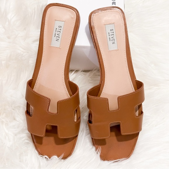 Steve Madden HADYN COGNAC LEATHER Brown Slide Sandals - Picture 5 of 9